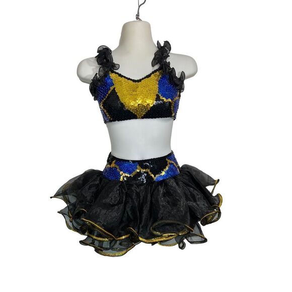 Black Gold Dance Cheer Pageant Costume Sequins Girls Medium CM 6pc Halter Tutu - Picture 4 of 14
